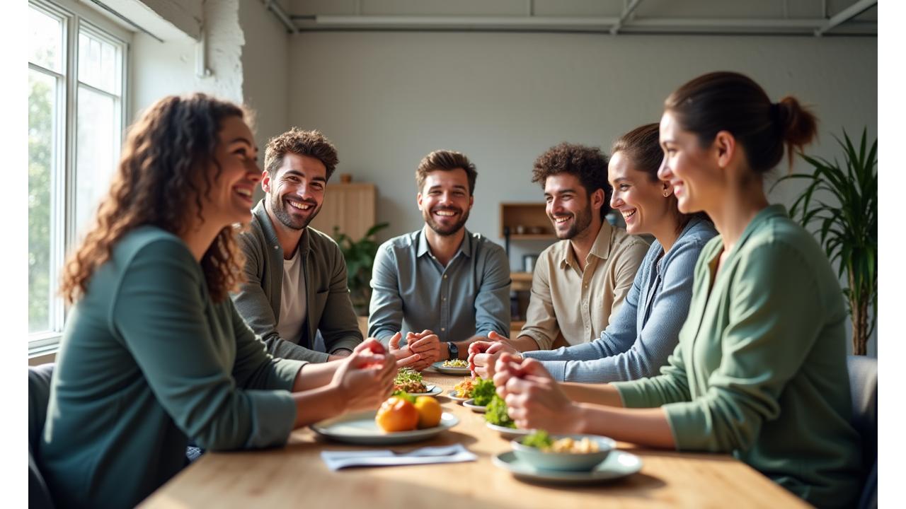 Diverse team showing joy and collaboration in a sunny, modern office setting, embodying a healthy work environment.