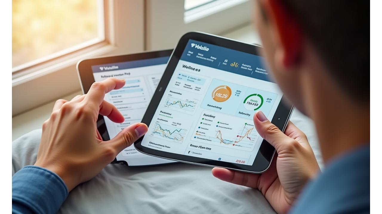 Vela Health Co. interactive health dashboard displayed on a tablet, showing graphs for sleep, activity, and nutrition data.